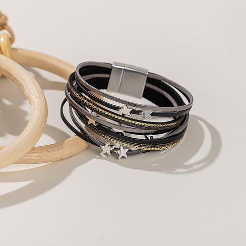 FANCY SHINY Leather Wrap Star Bracelet Boho Bangle Bracelets for Women Trendy Stackable Cute Charm Bracelet with Magnetic Clasp in Kuwait