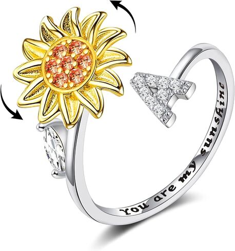 Fidget Rings for Anxiety for Women Sunflower Initial Letter Spinner Ring Open Adjustable Ring CZ Rings Daisy Stress Relieving Ring Jewelry Gift for Women Valentine's Day You are My Sunshine Ring in Kuwait