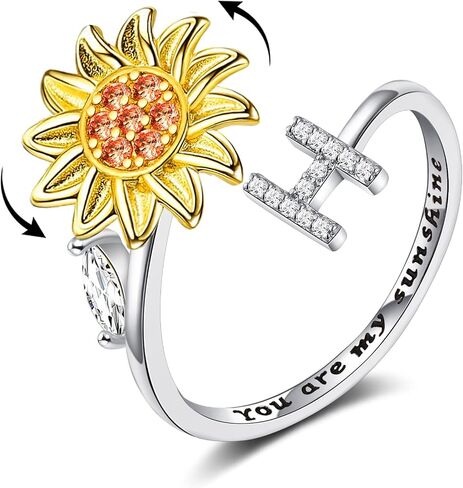 Fidget Rings for Anxiety for Women Sunflower Initial Letter Spinner Ring Open Adjustable Ring CZ Rings Daisy Stress Relieving Ring Jewelry Gift for Women Valentine's Day You are My Sunshine Ring in Kuwait