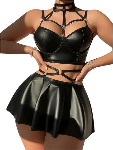 Milumia Women's 3 Piece Pu Leather Cut Out Underwired Mini Skirt Lingerie Set in Saudi Arabia