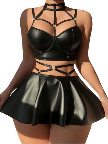 Milumia Women's 3 Piece Pu Leather Cut Out Underwired Mini Skirt Lingerie Set in Saudi Arabia