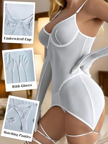 popiv Women Sexy Lingerie Set Sheer Mesh Lace Bodysuit Teddy Lingerie with Leg Wraps in Saudi Arabia
