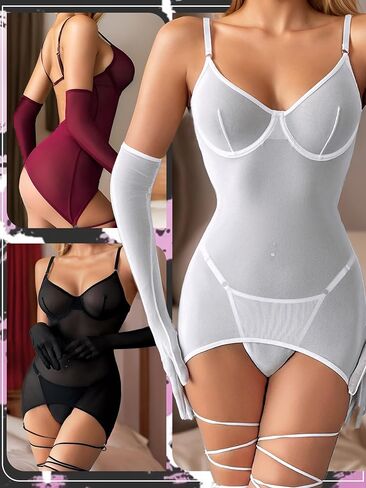 popiv Women Sexy Lingerie Set Sheer Mesh Lace Bodysuit Teddy Lingerie with Leg Wraps in Saudi Arabia