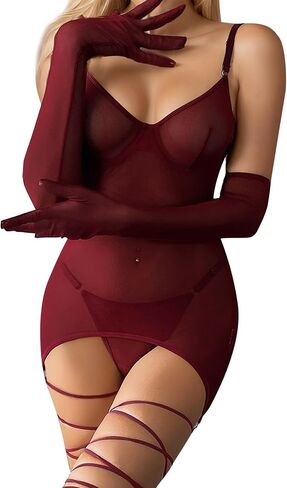 popiv Women Sexy Lingerie Set Sheer Mesh Lace Bodysuit Teddy Lingerie with Leg Wraps in Saudi Arabia