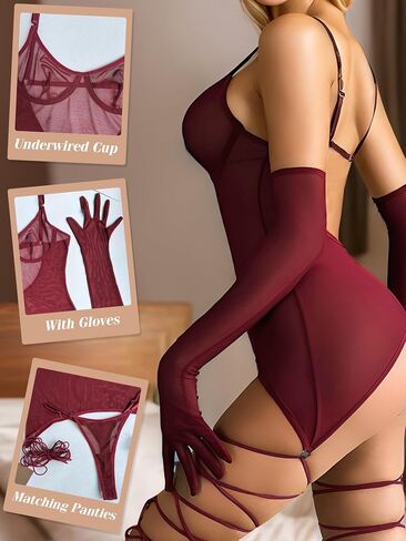 popiv Women Sexy Lingerie Set Sheer Mesh Lace Bodysuit Teddy Lingerie with Leg Wraps in Saudi Arabia