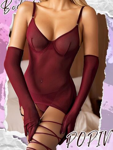 popiv Women Sexy Lingerie Set Sheer Mesh Lace Bodysuit Teddy Lingerie with Leg Wraps in Saudi Arabia
