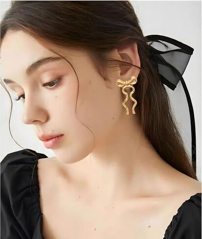 الذهب والفضة القوس إسقاط أقراط للنساء طويل شرابة سلسلة القوس أقراط الشريط Bowknot استرخى أقراط مجوهرات هدايا in Saudi Arabia