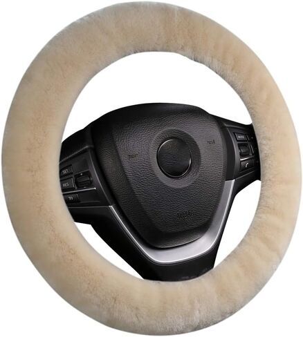 Soft Fluffy Warm Genuine Sheepskin Car Steering Wheel Cover, Fuzzy Fur Wool Protector for Winter Universal Car 14 1/2inch-15 1/2inch, Anti-Slip Comfortable Auto Accessories (Pearl) in Kuwait