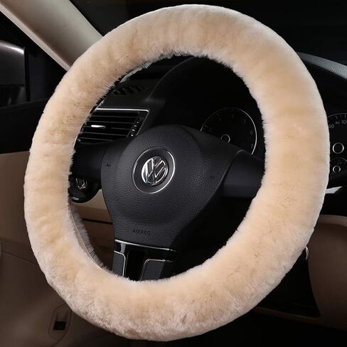 Soft Fluffy Warm Genuine Sheepskin Car Steering Wheel Cover, Fuzzy Fur Wool Protector for Winter Universal Car 14 1/2inch-15 1/2inch, Anti-Slip Comfortable Auto Accessories (Pearl) in Kuwait