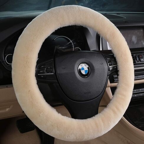 Soft Fluffy Warm Genuine Sheepskin Car Steering Wheel Cover, Fuzzy Fur Wool Protector for Winter Universal Car 14 1/2inch-15 1/2inch, Anti-Slip Comfortable Auto Accessories (Pearl) in Kuwait