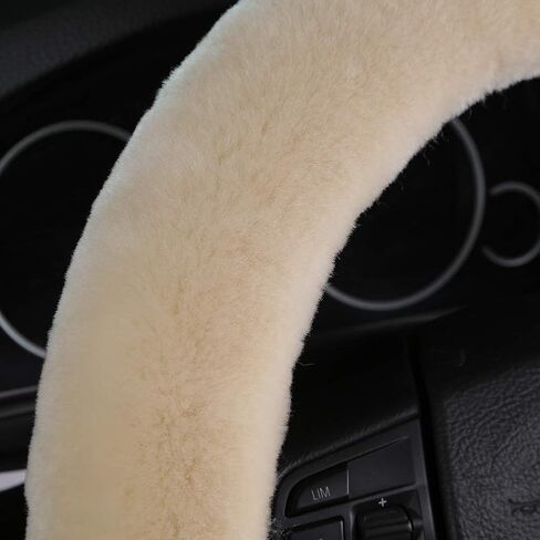 Soft Fluffy Warm Genuine Sheepskin Car Steering Wheel Cover, Fuzzy Fur Wool Protector for Winter Universal Car 14 1/2inch-15 1/2inch, Anti-Slip Comfortable Auto Accessories (Pearl) in Kuwait