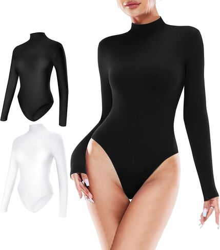 ALGALAROUND Women's Turtle Neck Bodysuit Long Sleeve Double Lined Basics Body Suit Tops in Kuwait