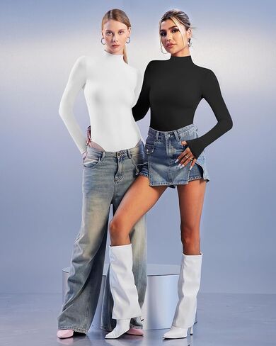 ALGALAROUND Women's Turtle Neck Bodysuit Long Sleeve Double Lined Basics Body Suit Tops in Kuwait
