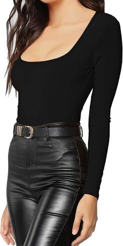 MANGDIUP Women's Essential Bodysuit - Scoop Neck Long Sleeve Slim Fit Stretch Cotton Spandex Jumpsuit in Kuwait