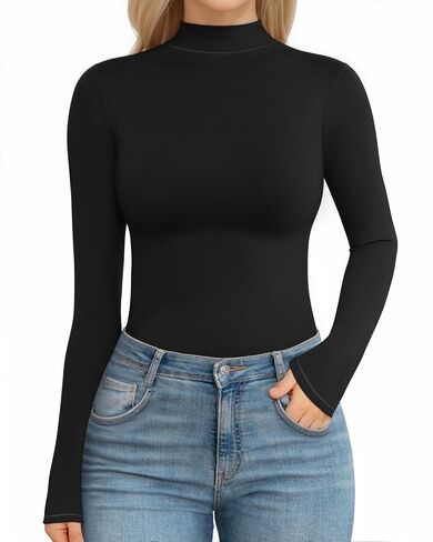 MANGOPOP Long Sleeve Bodysuit Mock Turtleneck for Women Thong Body Suits Cotton Tight Going Out Tops in Saudi Arabia