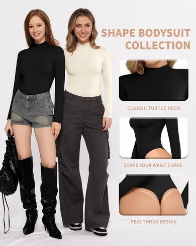 MANGOPOP Long Sleeve Bodysuit Mock Turtleneck for Women Thong Body Suits Cotton Tight Going Out Tops in Saudi Arabia