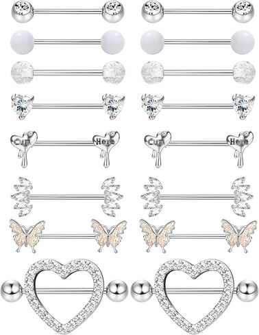 Besteel 8 Pairs Nipple Rings 14G Stainless Steel Nipplerings CZ Heart Butterfly Ball Tongue Barbell Rings Retainer Body Piercing Jewelry for Women in Kuwait