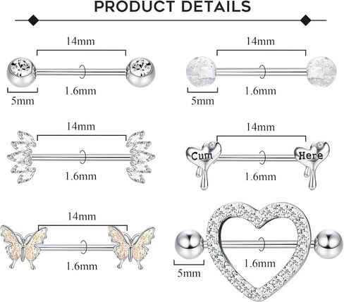 Besteel 8 Pairs Nipple Rings 14G Stainless Steel Nipplerings CZ Heart Butterfly Ball Tongue Barbell Rings Retainer Body Piercing Jewelry for Women in Kuwait