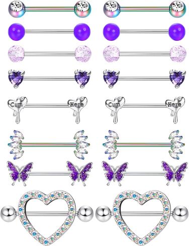 Besteel 8 Pairs Nipple Rings 14G Stainless Steel Nipplerings CZ Heart Butterfly Ball Tongue Barbell Rings Retainer Body Piercing Jewelry for Women in Kuwait