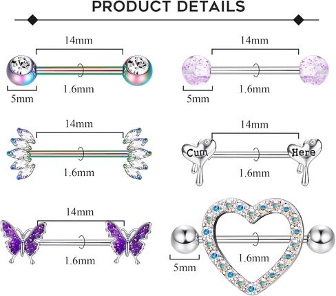 Besteel 8 Pairs Nipple Rings 14G Stainless Steel Nipplerings CZ Heart Butterfly Ball Tongue Barbell Rings Retainer Body Piercing Jewelry for Women in Kuwait