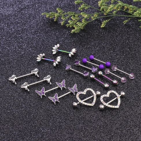 Besteel 8 Pairs Nipple Rings 14G Stainless Steel Nipplerings CZ Heart Butterfly Ball Tongue Barbell Rings Retainer Body Piercing Jewelry for Women in Kuwait