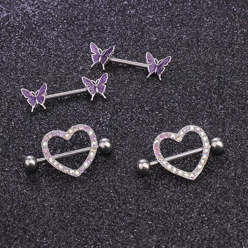 Besteel 8 Pairs Nipple Rings 14G Stainless Steel Nipplerings CZ Heart Butterfly Ball Tongue Barbell Rings Retainer Body Piercing Jewelry for Women in Kuwait