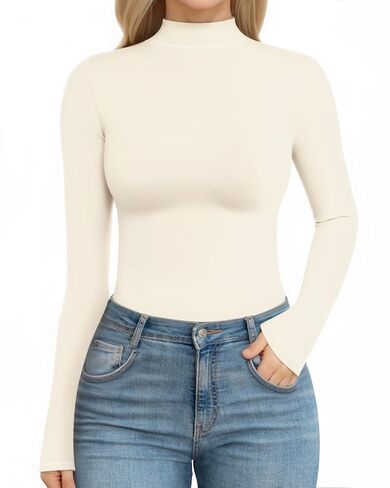 MANGOPOP Long Sleeve Bodysuit Mock Turtleneck for Women Thong Body Suits Cotton Tight Going Out Tops in Saudi Arabia