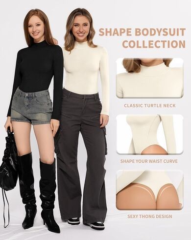 MANGOPOP Long Sleeve Bodysuit Mock Turtleneck for Women Thong Body Suits Cotton Tight Going Out Tops in Saudi Arabia