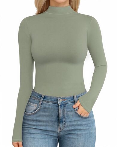 MANGOPOP Long Sleeve Bodysuit Mock Turtleneck for Women Thong Body Suits Cotton Tight Going Out Tops in Saudi Arabia