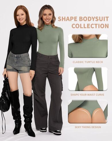 MANGOPOP Long Sleeve Bodysuit Mock Turtleneck for Women Thong Body Suits Cotton Tight Going Out Tops in Saudi Arabia