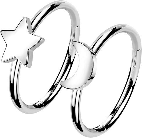 2Pcs Star Moon Nose Rings Hoop, 16g 18g 20g 316L Surgical Steel Cartilage Hoop Earrings for Women Men, Labret Lip Tragus Helix Daith Piercing Jewelry in Kuwait