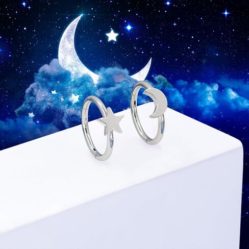 2Pcs Star Moon Nose Rings Hoop, 16g 18g 20g 316L Surgical Steel Cartilage Hoop Earrings for Women Men, Labret Lip Tragus Helix Daith Piercing Jewelry in Kuwait