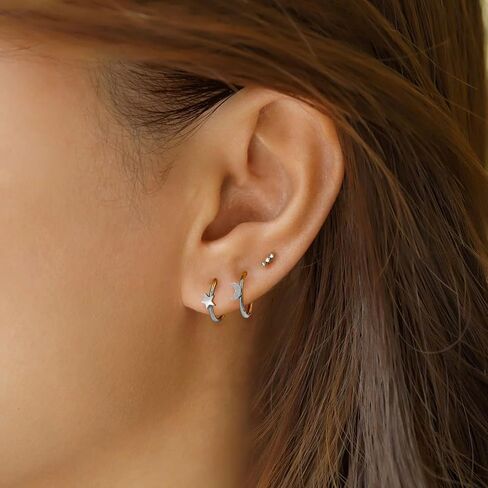 2Pcs Star Moon Nose Rings Hoop, 16g 18g 20g 316L Surgical Steel Cartilage Hoop Earrings for Women Men, Labret Lip Tragus Helix Daith Piercing Jewelry in Kuwait