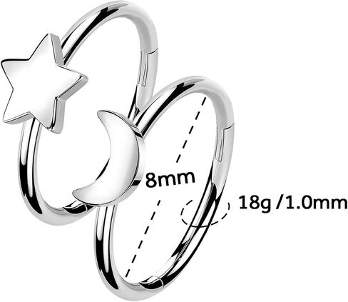 2Pcs Star Moon Nose Rings Hoop, 16g 18g 20g 316L Surgical Steel Cartilage Hoop Earrings for Women Men, Labret Lip Tragus Helix Daith Piercing Jewelry in Kuwait
