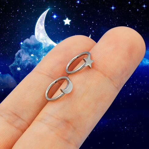 2Pcs Star Moon Nose Rings Hoop, 16g 18g 20g 316L Surgical Steel Cartilage Hoop Earrings for Women Men, Labret Lip Tragus Helix Daith Piercing Jewelry in Kuwait