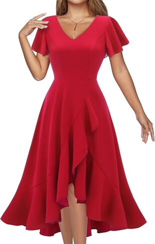 DRESSTELLS Women's Cocktail Dresses 2024, Formal Wedding Guest Ruffle Holiday Party Winter Dress V-Neck Vintage Dress in Saudi Arabia