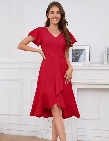 DRESSTELLS Women's Cocktail Dresses 2024, Formal Wedding Guest Ruffle Holiday Party Winter Dress V-Neck Vintage Dress in Saudi Arabia