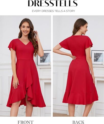 DRESSTELLS Women's Cocktail Dresses 2024, Formal Wedding Guest Ruffle Holiday Party Winter Dress V-Neck Vintage Dress in Saudi Arabia
