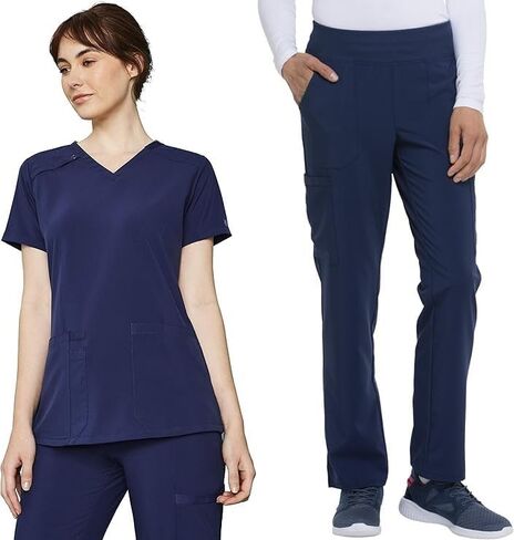 Dickies Scrub Set for Women V-Neck Top DK615 Natural Rise Tapered Leg Pull-On Pant DK005 with 360° Stretch Fabric, Navy - M Top/M Tall Pant in Saudi Arabia