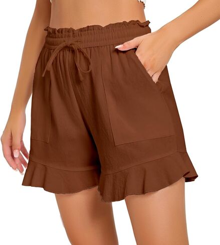 Womens Casual Linen Shorts Wide Leg High Waisted Ruffle Draswtring Summer Beach Flowy Shorts with Pockets in Kuwait