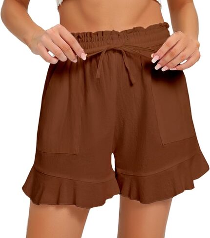 Womens Casual Linen Shorts Wide Leg High Waisted Ruffle Draswtring Summer Beach Flowy Shorts with Pockets in Kuwait