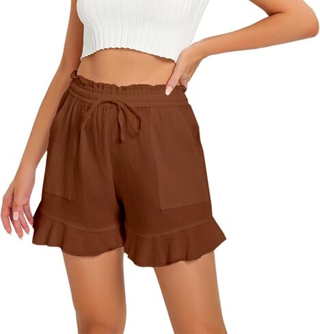 Womens Casual Linen Shorts Wide Leg High Waisted Ruffle Draswtring Summer Beach Flowy Shorts with Pockets in Kuwait