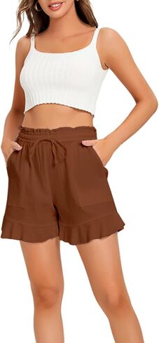 Womens Casual Linen Shorts Wide Leg High Waisted Ruffle Draswtring Summer Beach Flowy Shorts with Pockets in Kuwait