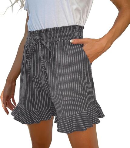 Womens Casual Linen Shorts Wide Leg High Waisted Ruffle Draswtring Summer Beach Flowy Shorts with Pockets in Kuwait