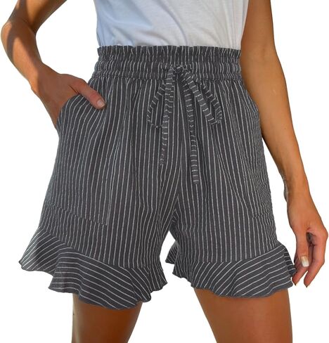 Womens Casual Linen Shorts Wide Leg High Waisted Ruffle Draswtring Summer Beach Flowy Shorts with Pockets in Kuwait