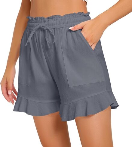 Womens Casual Linen Shorts Wide Leg High Waisted Ruffle Draswtring Summer Beach Flowy Shorts with Pockets in Kuwait