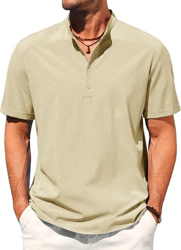 COOFANDY Men's Casual Henley Shirt Short Sleeve Band Collar Shirt Summer Beach Hippie Vacation T Shirt with Button in Saudi Arabia