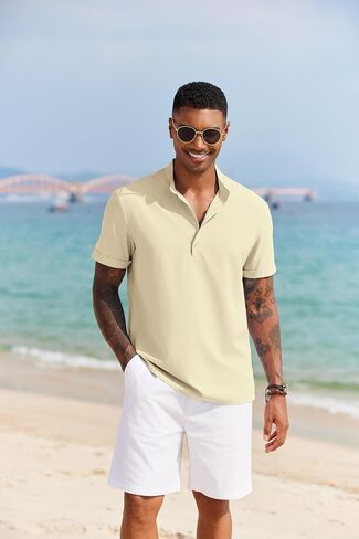 COOFANDY Men's Casual Henley Shirt Short Sleeve Band Collar Shirt Summer Beach Hippie Vacation T Shirt with Button in Saudi Arabia