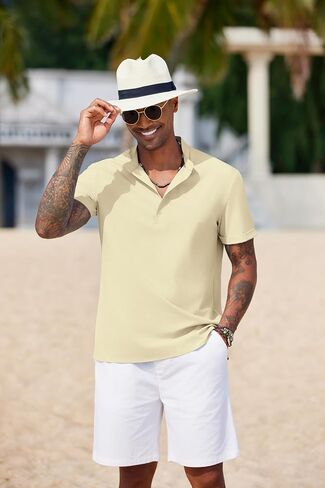COOFANDY Men's Casual Henley Shirt Short Sleeve Band Collar Shirt Summer Beach Hippie Vacation T Shirt with Button in Saudi Arabia