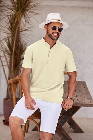 COOFANDY Men's Casual Henley Shirt Short Sleeve Band Collar Shirt Summer Beach Hippie Vacation T Shirt with Button in Saudi Arabia